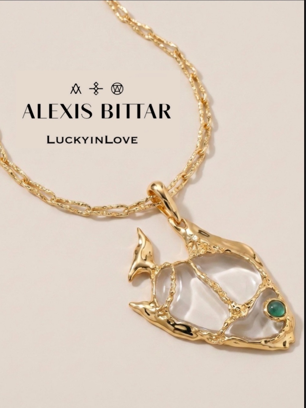 ALEXIS BITTAR • Liquid Lucite Angelfish Green Gold Brut chain Necklace